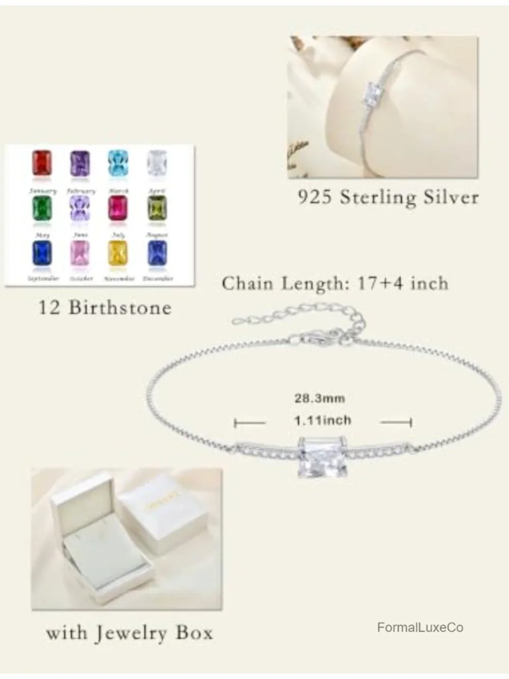 925 Sterling Silver Halo Rectangular Cut Birthstone Bracelet for Her